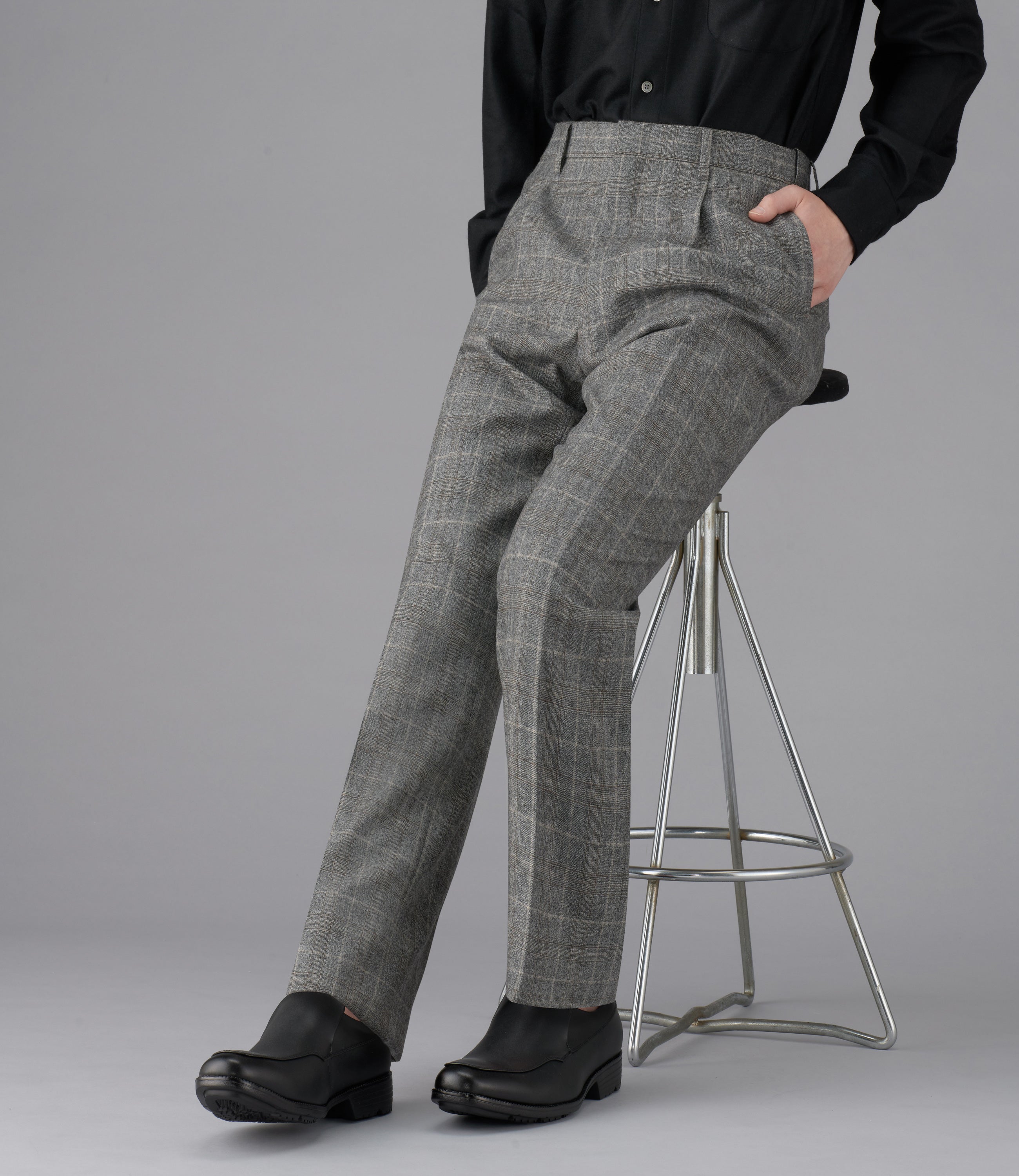 【シャークグレンチェック】日本製/ビジネス・カジュアル/ワンタックスラックス/蓄熱保温膝当て/ウォーム/コーデイネート最適