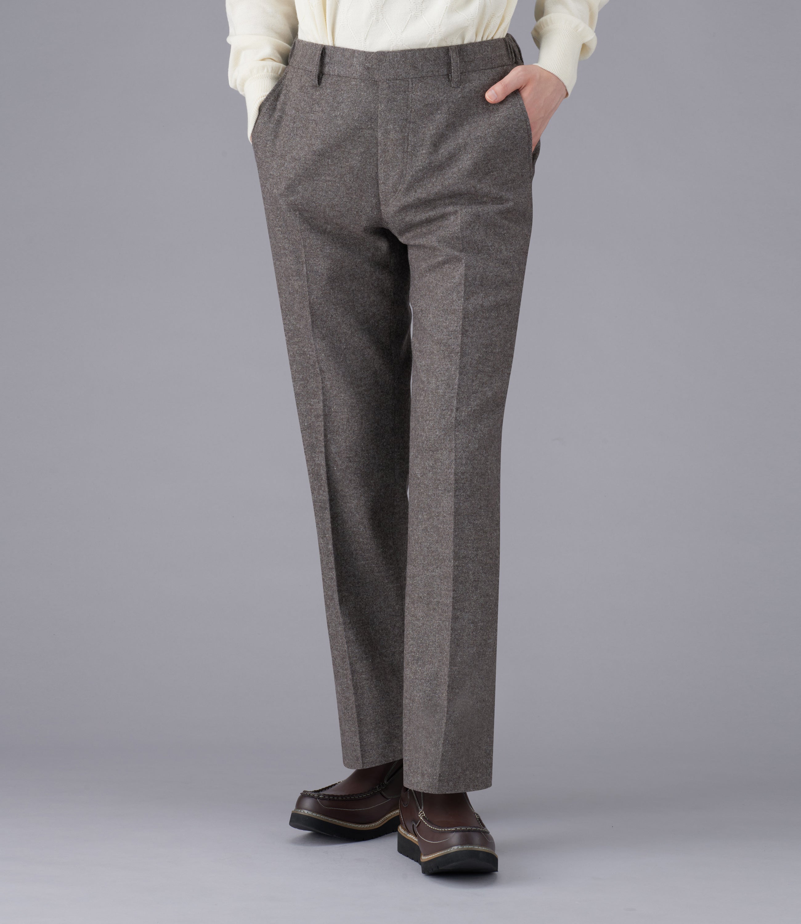 【カシミア混ホームスパン】CALZONI/日本製/ビジネス・カジュアル/ノータックスリムスラックス/脇シャーリング/コーデイネート最適