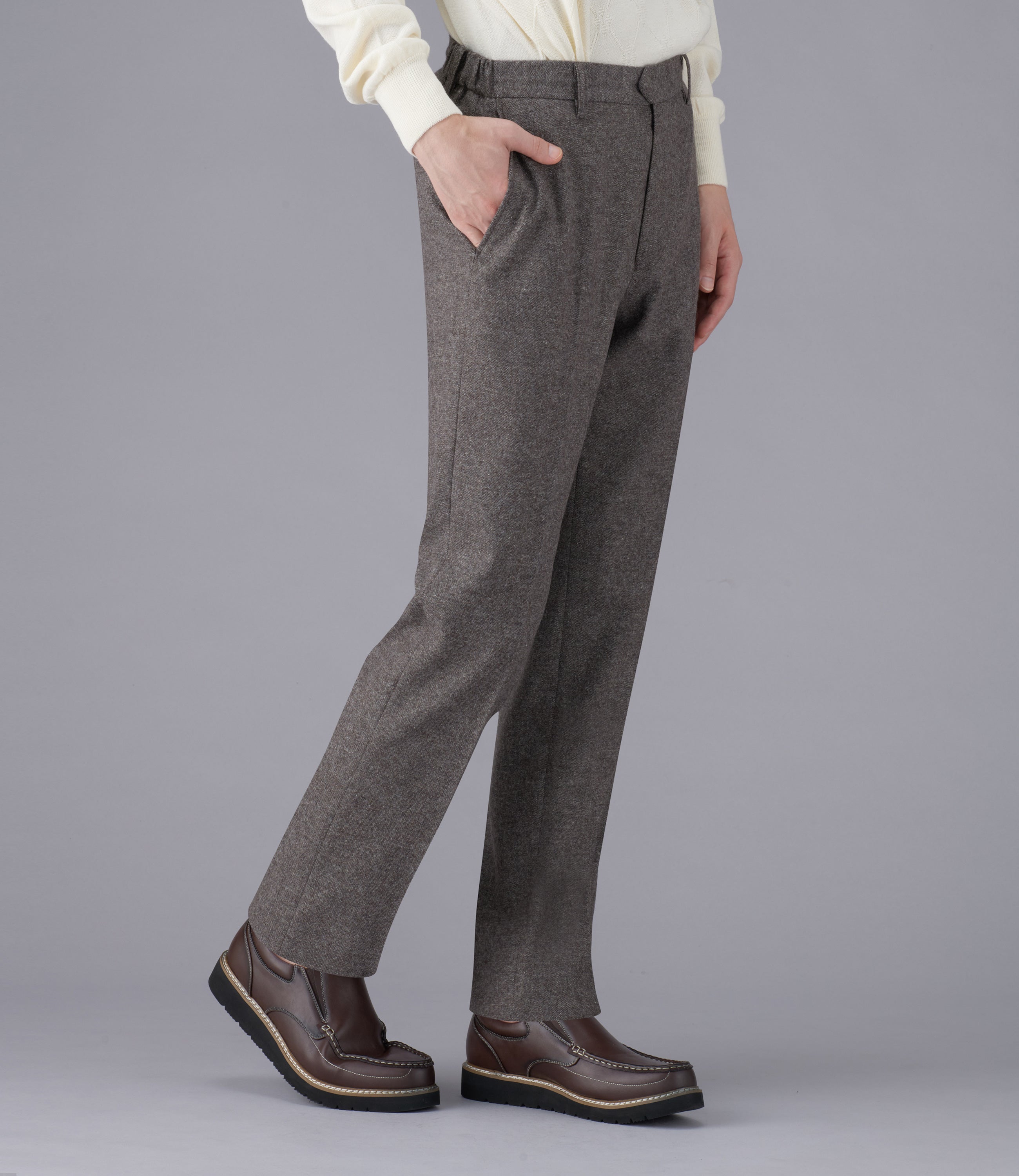【カシミア混ホームスパン】CALZONI/日本製/ビジネス・カジュアル/ノータックスリムスラックス/脇シャーリング/コーデイネート最適