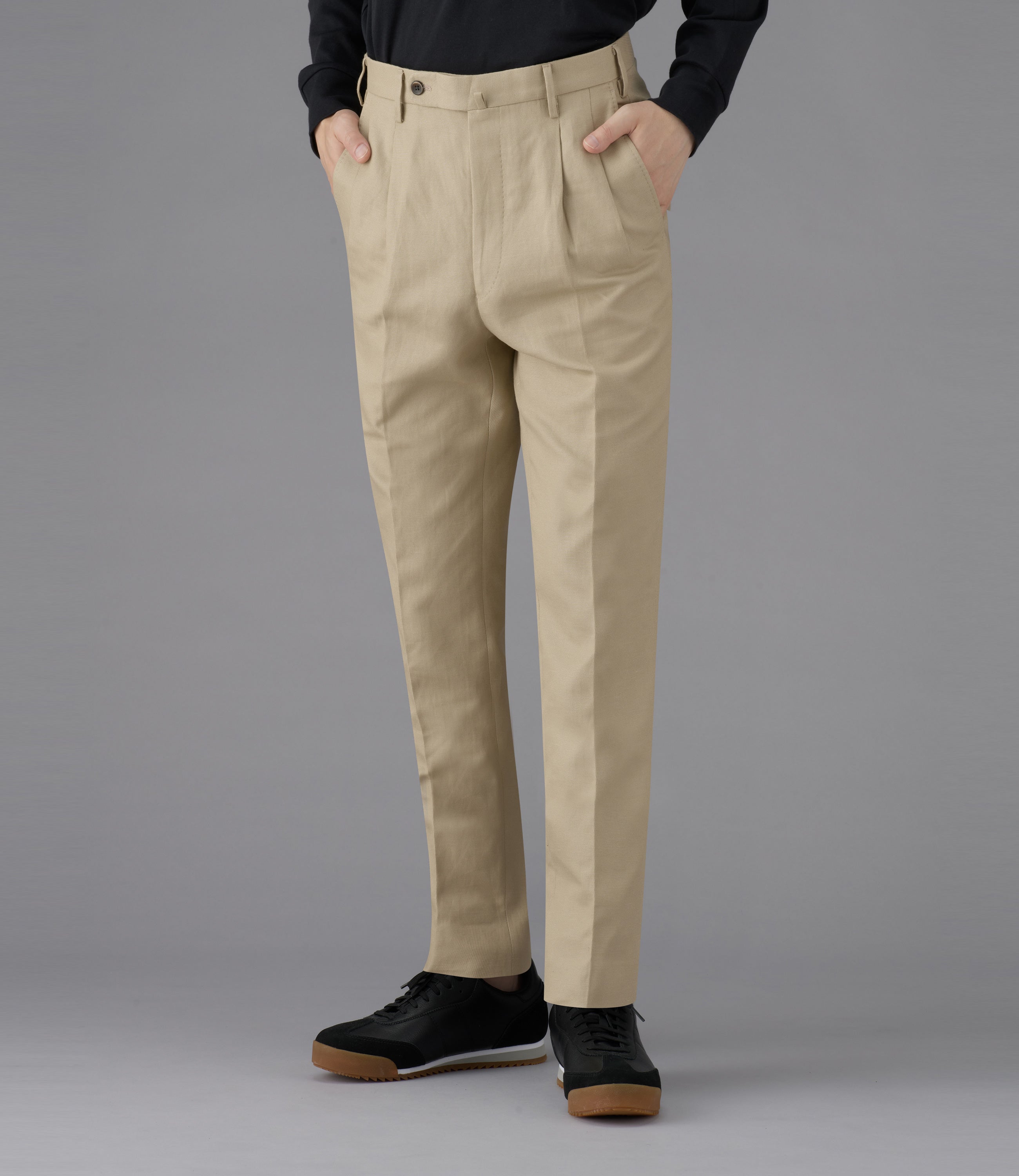 【コットンリネンドビードリル】尾作ライン/日本製／カジュアル/ツータックスリムスラックス/